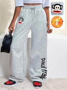 Paul Frank X SHEIN Tween Girls  Fall/Winter,Streetwear Daily Wear,Comfortable Athleisure Essentials,Warm/ Cold Weather/ Thermal,Monkey Towel Embroidery Graphics Straight Pants ,Christmas ,New Year,Thanksgiving, Party - Light Grey - View 1