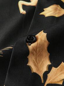 Manfinity VCAY Men Leaf & Deer All-Over Print Front Button Casual Long Sleeve Shirt, Christmas Long Sleeve Button Up Black Shirt, New Year Glamour - Black - View 6