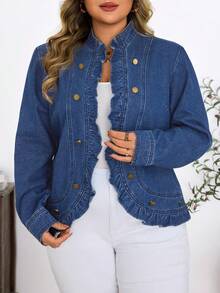 SHEIN 大码女式拼接荷叶边休闲度假水洗牛仔外套 - 中等水洗藍 - 查看 5