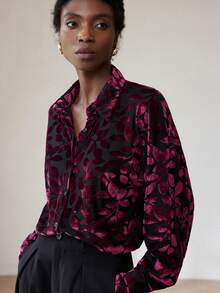 Aveloria Modichic Camisa holgada de manga larga con malla de terciopelo burdeos vintage