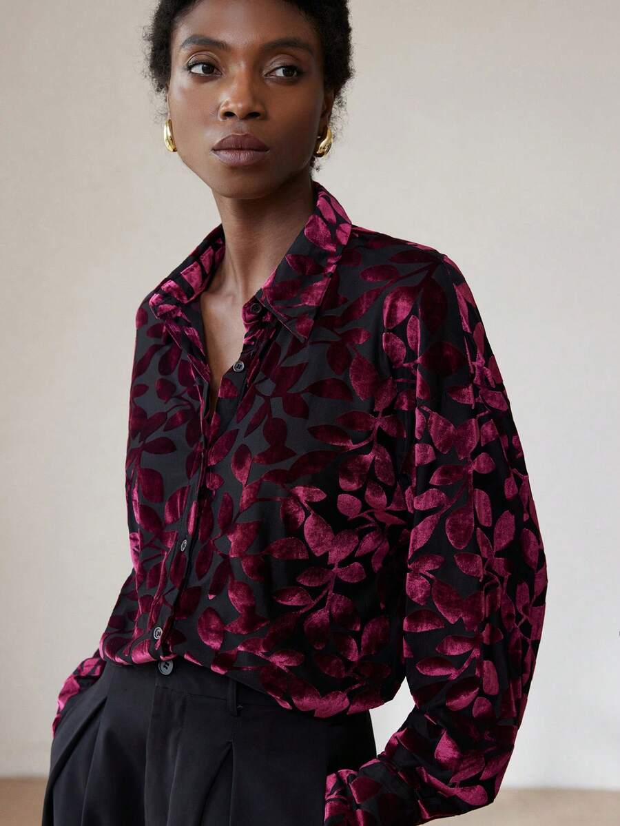 Aveloria Modichic Camisa holgada de manga larga con malla de terciopelo burdeos vintage