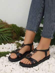 Mujer diseño artesanal abalorios punta redonda correa elástica plataforma baja estilo bohemio verano playa sandalia - Negro - Ver 3