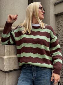 Vivie Lora Women's Striped Patchwork Loose Casual Sweater - Brown - View 1