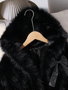 1pc Girls Soft Faux Fur Jacket, Elegant Long Sleeve Short Fitted Hooded Coat, Suitable For Autumn/Winter - Black - View 4