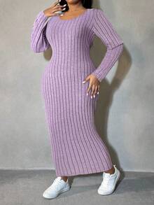 SHEIN SXY Plus Size Women Hazy Blue Ribbed Knit Bodycon Dress, Autumn/Winter - Mauve Purple - View 3