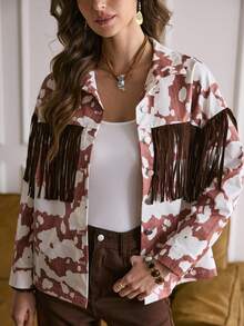 SHEIN LUNE LanaWest Women's Western Casual Denim Jacket With Cowboy Print And Fringe - Brown - View 3