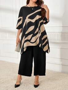 Miaspire 2 件加大时尚奶奶秋装 Curvethanksgiving 女士服装尺码休闲撞色不对称下摆上衣和裤子套装，秋季 - 卡其色 - 查看 6