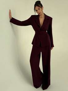Aloruh 女士优雅商务套装，外套和裤子 - 中紫紅色 - 查看 6