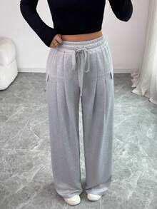 SHEIN Elenzya 优雅褶皱弹力腰浅灰色女士运动裤 - 淺灰色 - 查看 6