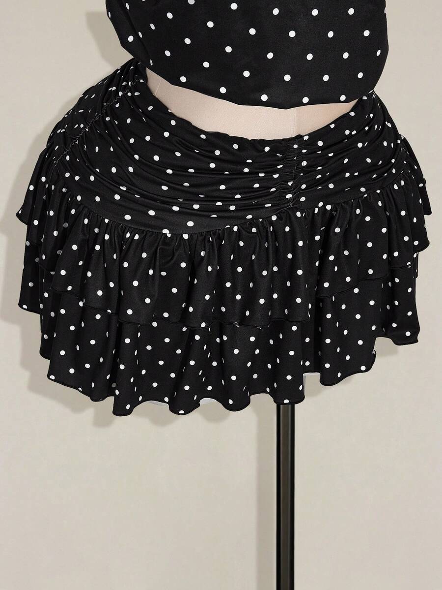 SHEIN ICON 大码女式复古休闲性感 Y2K 波尔卡圆点图案分层蛋糕迷你裙 - 黑與白 - 查看 1