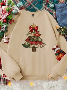 SHEIN LUNE Weihnachtsbaum Muster Oversized Rundhals Dicker Sweatshirt, Damen Herbst und Winter Langarm Top, Weihnachtsparty, Herbst und Winter Sweatshirt, Geeignet für Partys - Aprikosenfarben - Übersicht 3