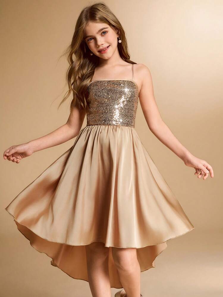 Vestido de satén con parches de lentejuelas de alta gama para niña de las flores y niñas preadolescentes, con dobladillo asimétrico, corto por delante y largo por detrás, vestido formal para bodas, fiestas, cumpleaños, Navidad - Champán - Añade 6