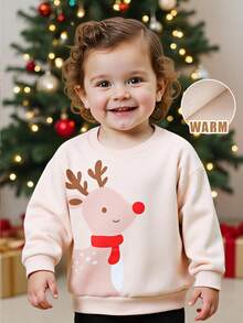 Cozy Pixies Baby Girl Cartoon Deer Pattern Soft Knit Crew Neck Long Sleeve Pullover Sweatshirt, Comfortable Versatile Fashionable Casual Cute Basic Style, Suitable For Indoor, Outdoor Leisure, Skiing, Back To School, Daily Wear, Sports, Play, Party, Festival, Christmas, New Year - Apricot - View 1
