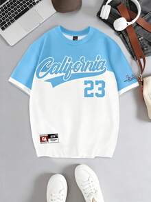 Manfinity Hypemode California 23 Blue + White Contrast Color Block Retro American Style Graphic Crew Neck T-Shirt, Casual Unisex Student Tee, American Print Couple Tee - Multicolor - View 4