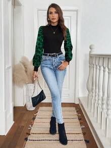 SHEIN LUNE Áo cánh cổ cao dệt kim tay bồng màu tương phản họa tiết da báo retro, thanh lịch, thường ngày khi đi làm, dành cho nữ, mùa thu/đông - màu xanh lá - Xem 6