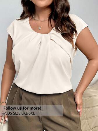 Firerie Plus Size Women Minimalist Elegant Commute Solid Color Covered Sleeve Pleated Round Neck Fitted Short Sleeve Blouse