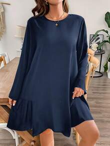 SHEIN Essnce Plus Size Women's Navy Blue Autumn Smart Casual Everyday Dress,Loose Comfortable Adjustable Sleeve Length Black Dresses,Church Outfits,Curve Cute - Navy Blue - View 4