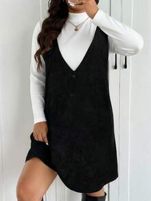 Lounesse Women Plus Size Solid Color Stand Collar Long Sleeve T-Shirt And Casual Bib Dress 2-Piece Set, Spring - Black - View 7