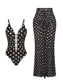 Swim Oasis Bộ 2 món áo khoác ngoài bikini in chấm bi thời trang đính hạt, thiết kế cao cấp, váy chống nắng bán chạy nhất cho bãi biển, áo tắm liền thân chấm bi mùa hè, áo tắm có váy, áo tắm vintage cho nữ, áo tắm chấm bi. - Đen và trắng - Xem 2