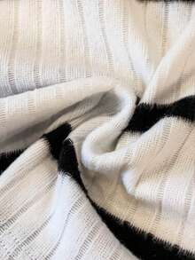 Franclia 女士新款罗纹圆领长袖休闲宽松厚T恤，适合春秋季 - 黑與白 - 查看 6