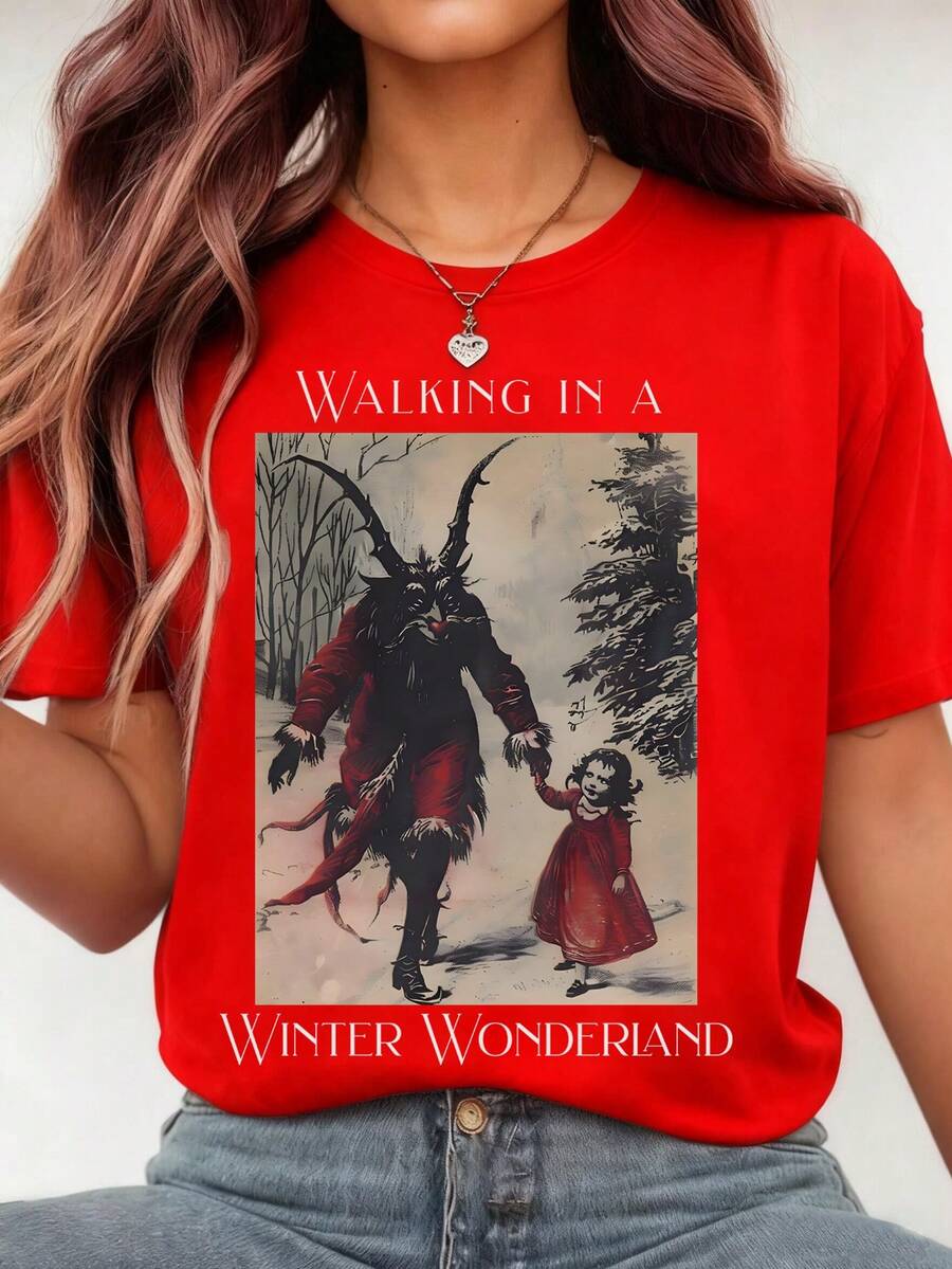 EMERY ROSE Kaos Retro Seru Musim Dingin Jalan-jalan di Negeri Ajaib Selamat Natal, Pakaian Wanita, Musim Panas - Merah - View 1
