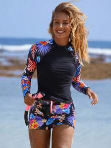 Swim SPRTY Women's Sleeveless Camisole Bikini Set With Long Sleeve Bottoms, Versatile Printed Swimsuit For Beach, Vacation, Outdoor Water Sports, Spring/Summer Surf Swimsuit Long Sleeve Bathing Suit Women Rashguard Swimsuit Women Swim Shirt For Women Beachwear Beachwear Women - Multicolor - View 5