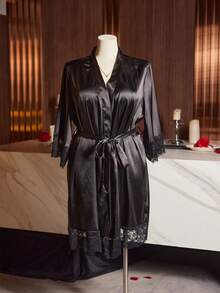 SilkySpell Plus Size Women Lace Trim Solid Satin Sexy Robe, Valentine's Day, For Fall & Winter - Black - View 8