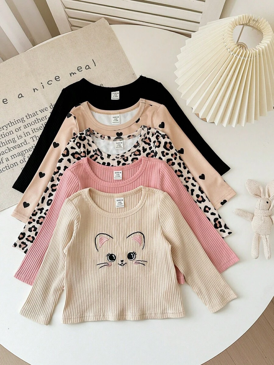 SHEIN Babygirl 可爱休闲针织豹纹卡通图案长袖上衣 - 彩色 - 查看 1