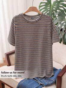 CosyJoli Plus Size Women Striped Print Round Neck Short Sleeve Casual Old Money Summer T-Shirt,Slightly Sheer - Multicolor - View 1