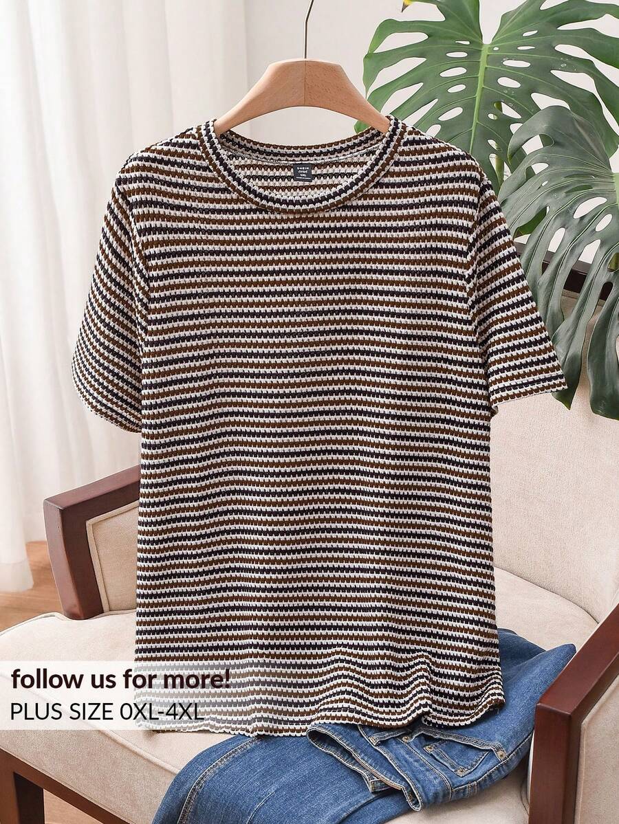 CosyJoli Plus Size Women Striped Print Round Neck Short Sleeve Casual Old Money Summer T-Shirt,Slightly Sheer - Multicolor - View 1