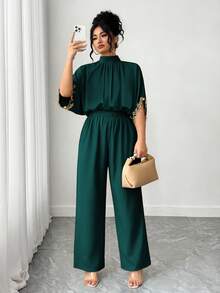 Elenzga Plus Size Women's Elegant Short Sleeve Jumpsuit, Stand Collar, Back Tie, Embroidered Cuffs, Suitable For Casual And Party Wear - Dark Green - View 5