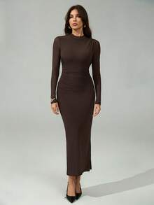 SHEIN Tall Damen Kaffeefarbe Langarm Lässig Kleid, geeignet für urbane Pendler, Geschäft, elegante Party, Halloween, Weihnachten - Braun - Übersicht 9