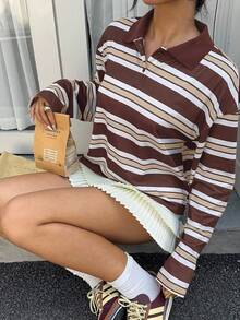 Siren Gaze 2025秋季新款条纹Polo领上衣，商务休闲教师日常通勤长袖衬衫，秋季必备百搭时尚单品，适合夜间外出/聚会，秋季条纹印花T恤冬季款 - 棕色 - 查看 4