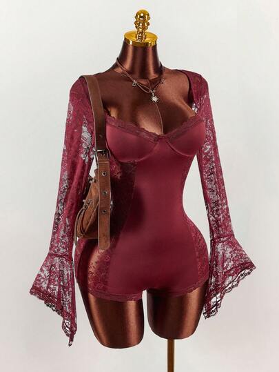 Amplova Sexy Kontrast-Spitzen-Taillenmieder Damen Spaghetti-Träger Bodysuit mit langen Glockenärmeln und transparenten Seitenelementen