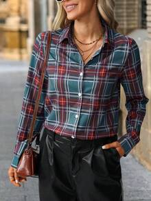 SHEIN Clasi Camicia casual da donna a maniche lunghe con bottoni e stampa a quadri, adatta per l'autunno, l'inverno, feste, Capodanno e Natale