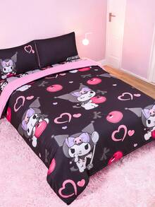 HELLO KITTY AND FRIENDS | SHEIN 三件套可爱卡通樱桃印花被套，底布材质，柔软保暖，粉色被套，多种尺寸可选，适用于单人床/双人床/大号床/特大号床 - 彩色 - 查看 2