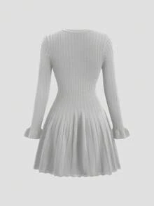 GlowEve Váy len ngắn tay dài màu xanh navy thanh lịch kiểu Pháp đầu thu, viền bèo nhún cổ điển, duyên dáng - Xám - Xem 2