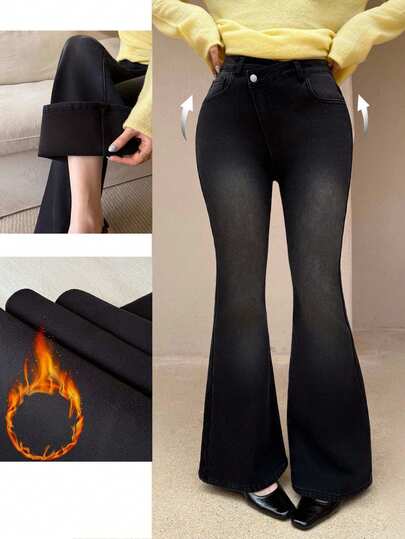 K-Vae Women's Autumn And Winter Asymmetrical Waistband Thermal Lined Flared Trousers, Daily Slim Basic Style, Winter Matching,New Year's Wear