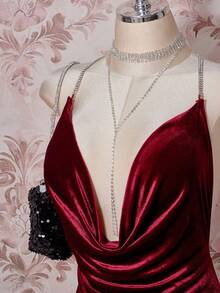 SHEIN ICON Plus Size Velvet Exaggerated Plunging Neckline Rhinestone Decor Backless Criss-Cross High Slit Mini Dress/Christmas