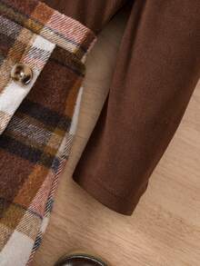 SHEIN Elladie kids 两件套圣诞少女休闲日常荷叶边露肩T恤上衣+经典红白格子不对称下摆半身裙套装，时尚百搭，适合圣诞节及其他场合，秋冬季 - 彩色 - 查看 4