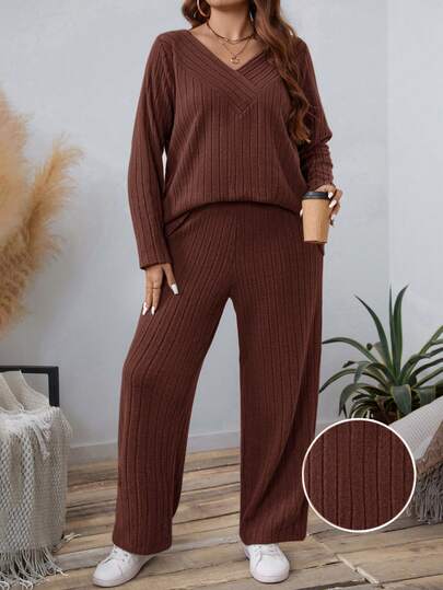SHEIN LUNE Fall Clothes 2pcs Plus Size Women's Solid V-Neck Long Sleeve Ribbed Top And Wide Leg Pants Casual Set, Spring Autumn/Fall Women Clothes/Fall Sets Women Clothing Sets Airport Women Outfits Outfit Sets Travel Outfit Airport