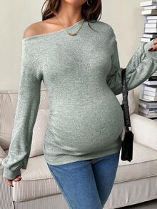 SHEIN Autumn And Winter Maternity Casual Solid Color Asymmetric Collar T-Shirt, Autumn Green Long Sleeve Top - Mint Green - View 4