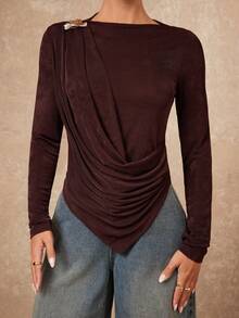 Lumalex Winter Fall Metal Decor Pleated Asymmetrical Hem Fitted Long Sleeve Women T-Shirt Luxury Prom Gathering Party Banquet Modest Old Money Coquette Glitter Holiday Party Rave Festival Outing Vacation Hot Outdoor Richly Layered Wedding Season Banquet ID Al-Adha Al-Adha Party New Year Looks Of Party Gala Night Party Dress For Autumn,Fall,Fall Clothes For Women