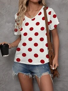 Classic Polka Dot Print Pattern V-Neck Short Sleeve T-Shirt For Women, Casual Student Wear, Outdoor, Daily, Summer - Multicolor - View 4