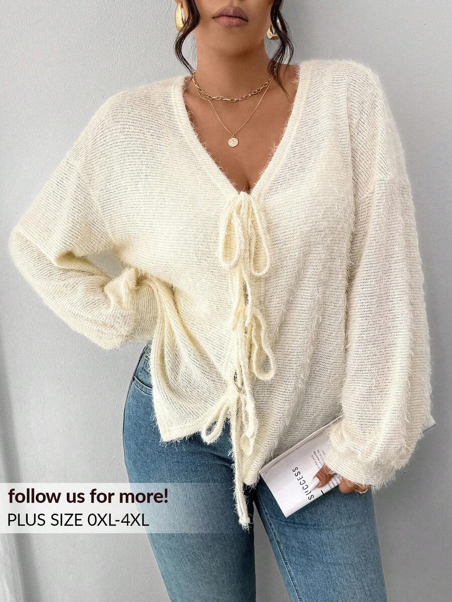 Lounesse Plus Size Women Solid Color Knit French Fuzzy Sweater, Bow Tie Front Design, Suitable For Casual, Home, And School Wear, Autumn/Winter - Apricot - View 1