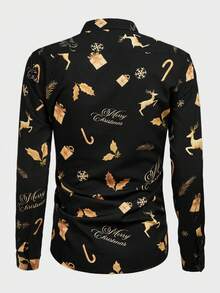 Manfinity VCAY Men Leaf & Deer All-Over Print Front Button Casual Long Sleeve Shirt, Christmas Long Sleeve Button Up Black Shirt, New Year Glamour - Black - View 4