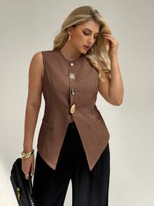 Auralis Camiseta sin mangas de color caqui sólido con decoración de hebilla de metal, elegante, para mujer, estilo de negocios casuales, moda de viaje, graduación, oficina, crucero, aeropuerto, divertida