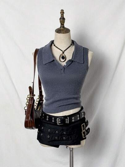 SHEIN Tall 高翻领针织背心，春夏休闲女士针织上衣