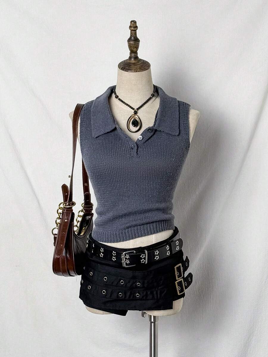 SHEIN Tall 高翻领针织背心，春夏休闲女士针织上衣 - 深灰色 - 查看 1