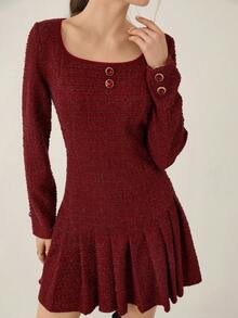 Opuloom Robe courte élégante et polyvalente de style français chic pour femmes, en tissu brillant de haute qualité, col rond, épaules tombantes, manches longues, taille cintrée, plissée en A, adaptée à l'automne/hiver